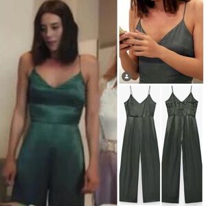 NWT ZARA LONG SATIN EFFECT JUMPSUIT DARK GREEN